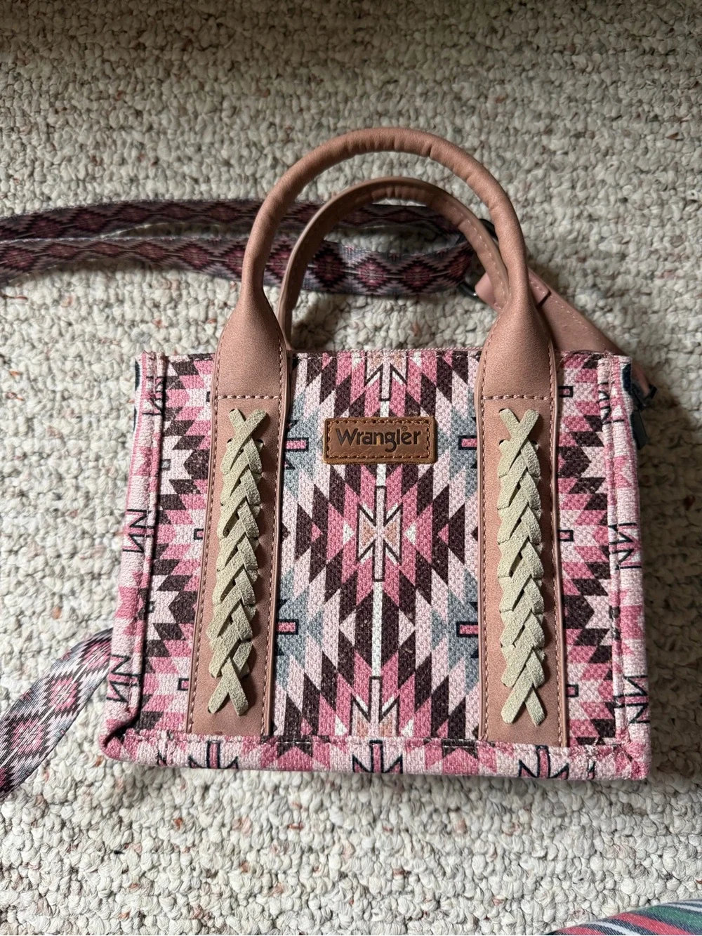 Mini Wrangler Pink Aztec Pattern Satchel with Tan Accents